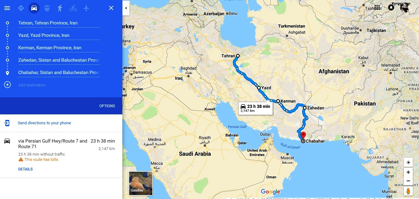 Tehran to Chabahar 2147 km